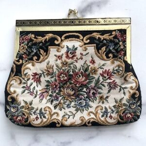Vintage Tapestry Needlepoint Floral Clutch Handbag